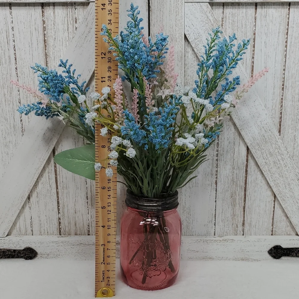 Pink Glass Mason Jar Vase with Faux Floral Arrangement Country Farmhouse